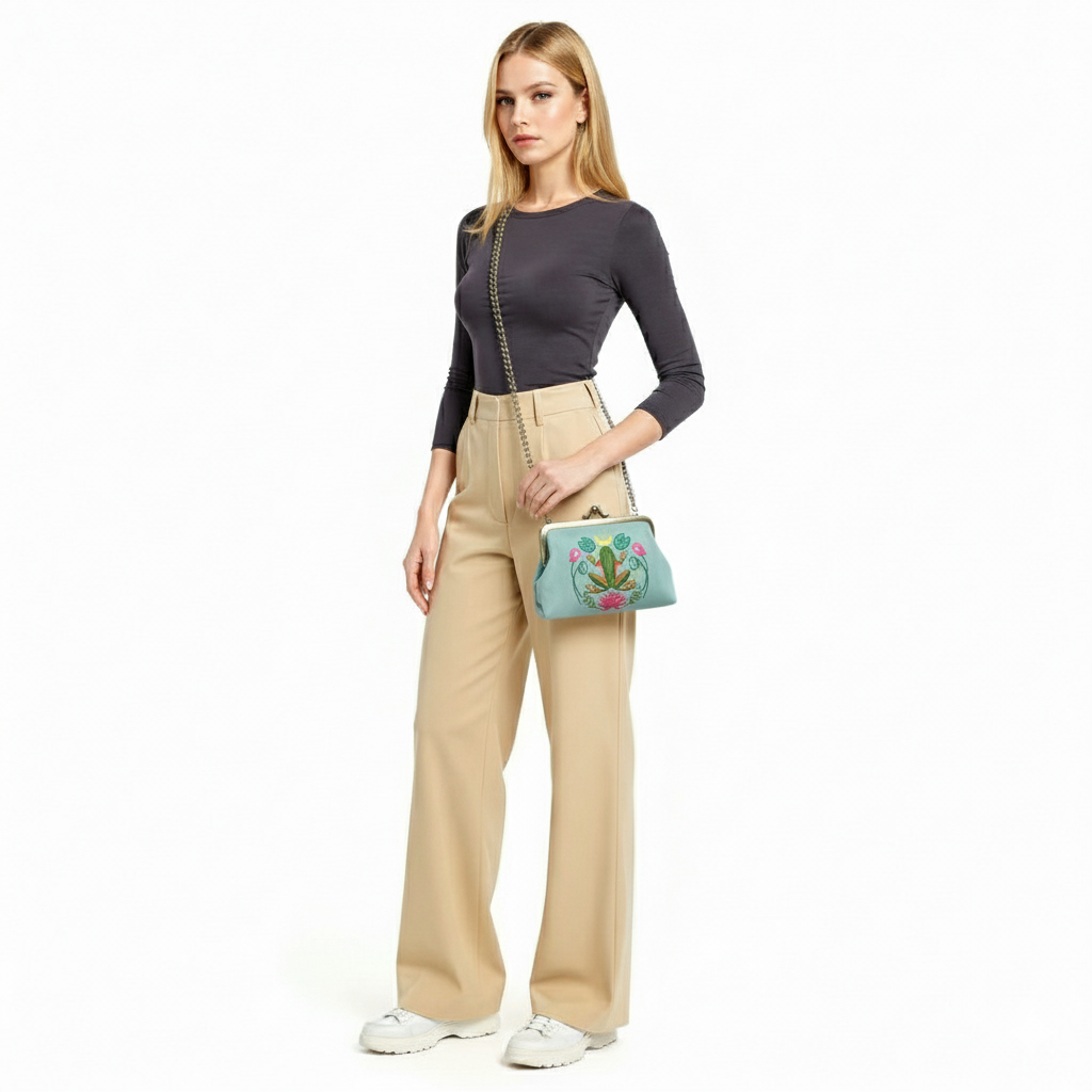 Frog in the Lily Pond Kiss Lock Bag in Linen Cotton Blend Ma