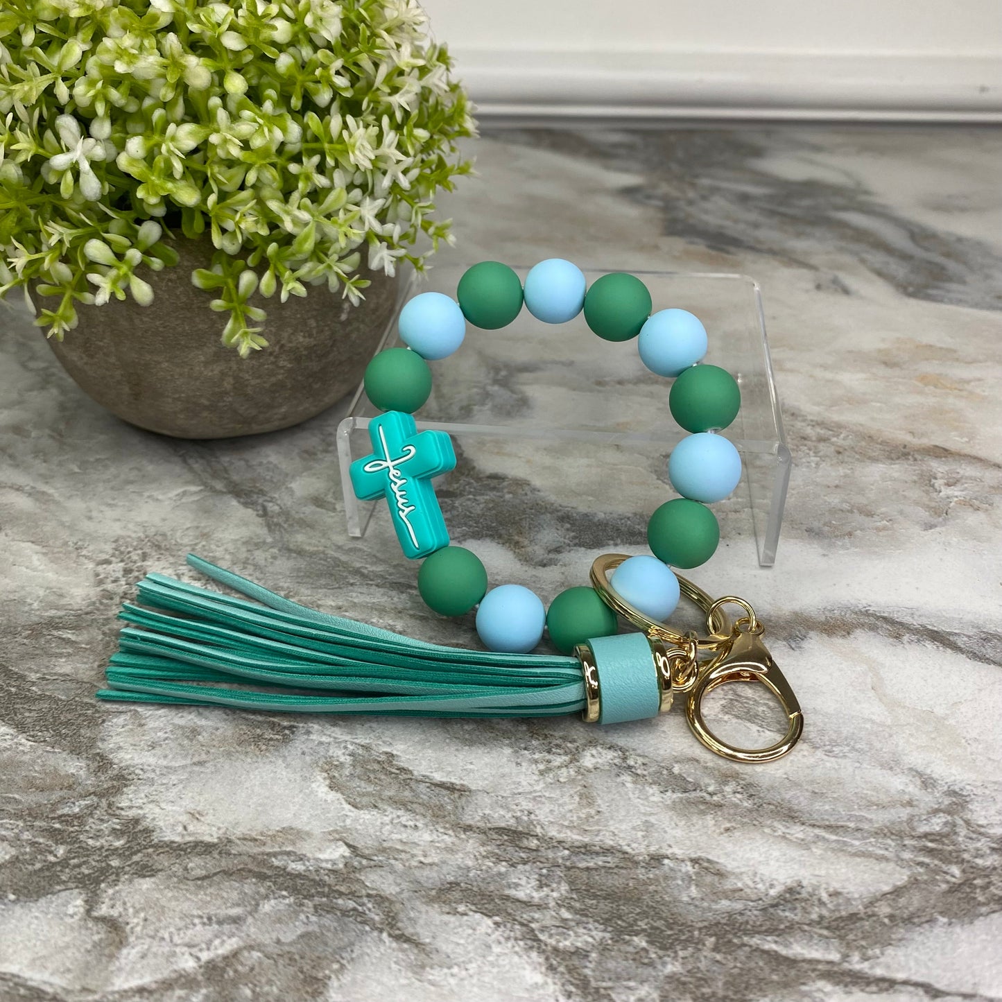 Silicone Bracelet Keychain - Religious Jesus, Green & Sky Blue