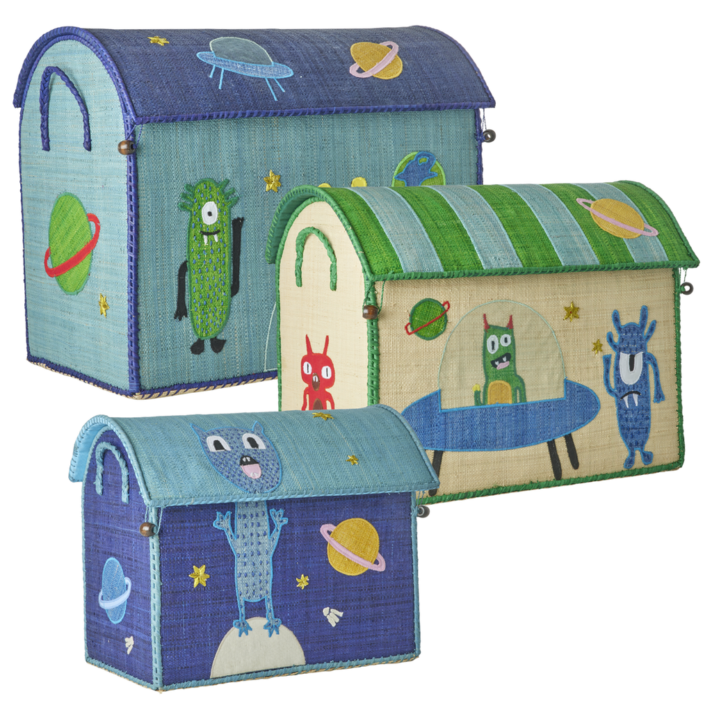 Raffia Storage Baskets with Monster Theme - Set of 3