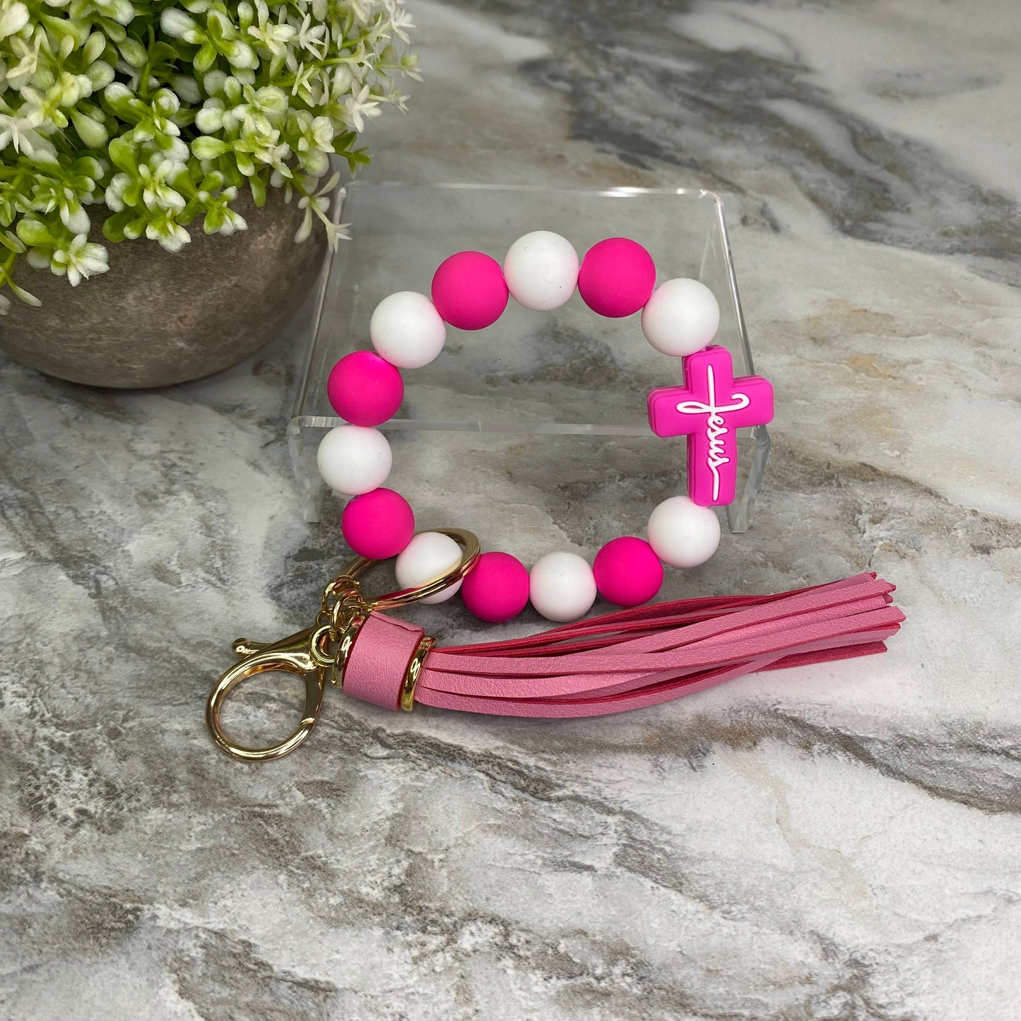 Silicone Bracelet Keychain - Religious, Jesus, White & Pink