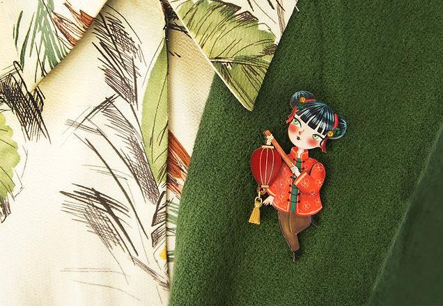 Chinese Girl Lantern Brooch by Laliblue