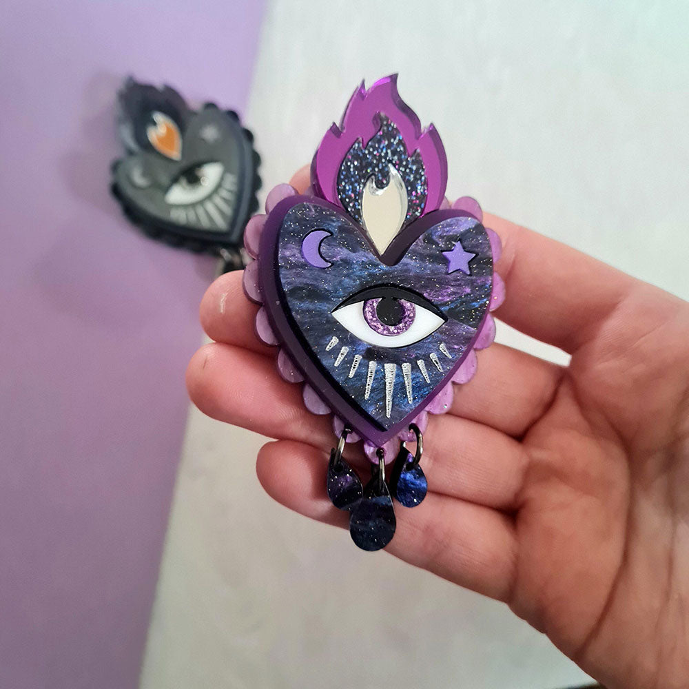 Flaming BLACK Heart Statement Brooch by Cherryloco