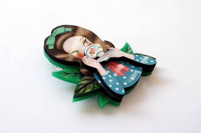 Girl Drinking Tea Brooch by Laliblue