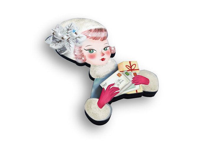 Girl with Christmas Postcards Brooch by Laliblue
