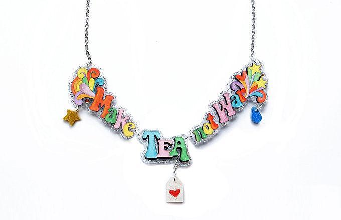 Make Tea Not War Necklace by Laliblue – Retro Statement Necklace Vintage Inspired