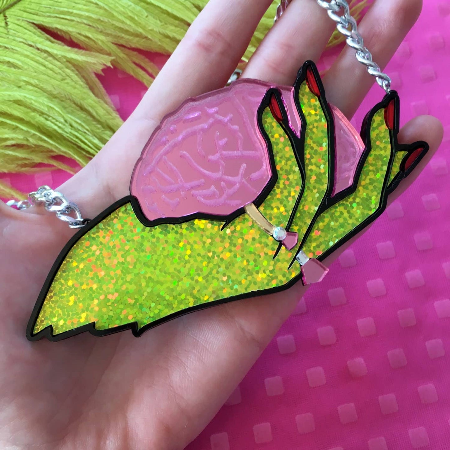 Brains And Beauty Zombie Hand Acrylic Statement Necklace