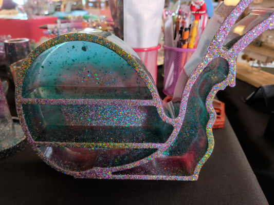 Purple and blue green glitter snail crystal shelf
