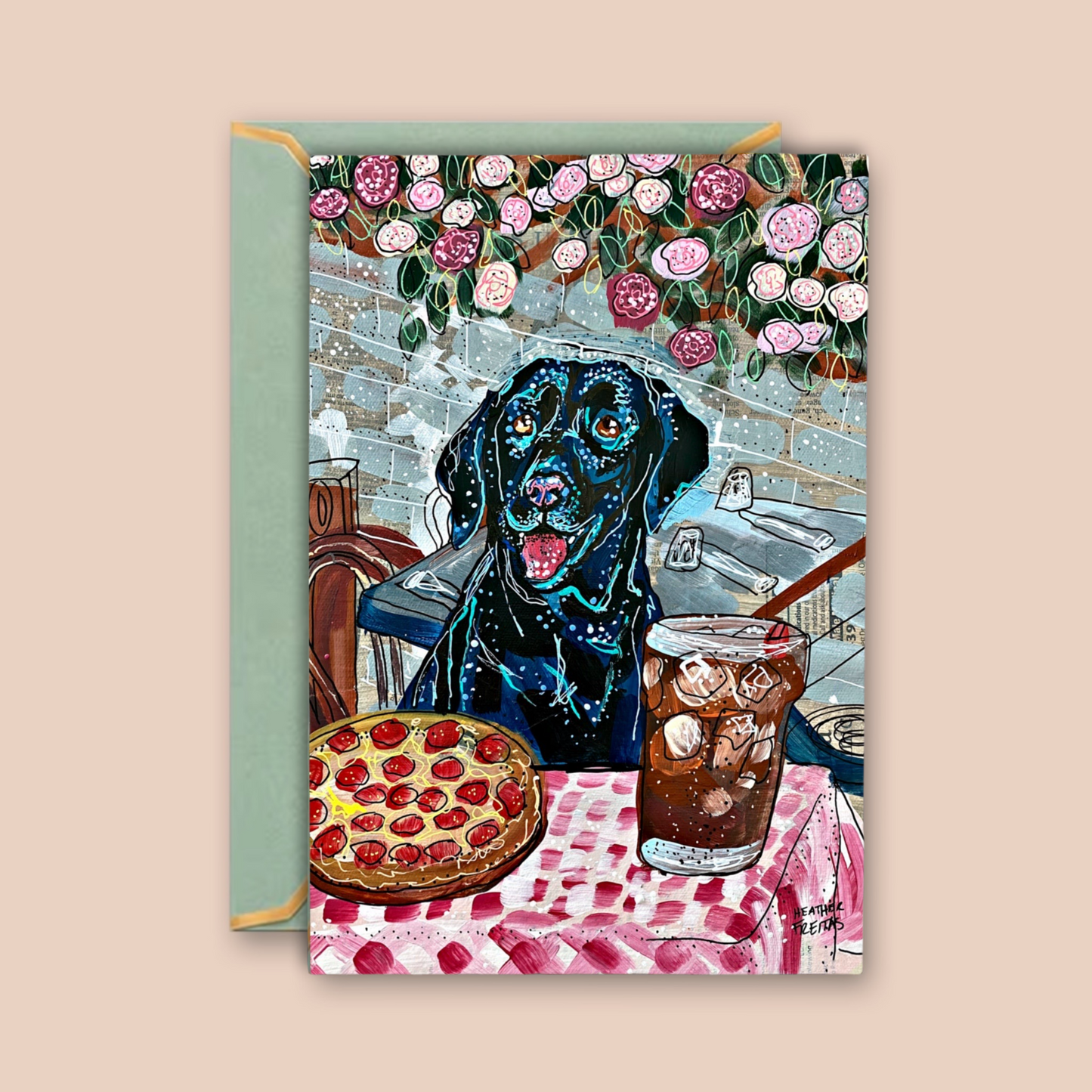 Black Labrador Dining - Greeting Card / Fine Art Print