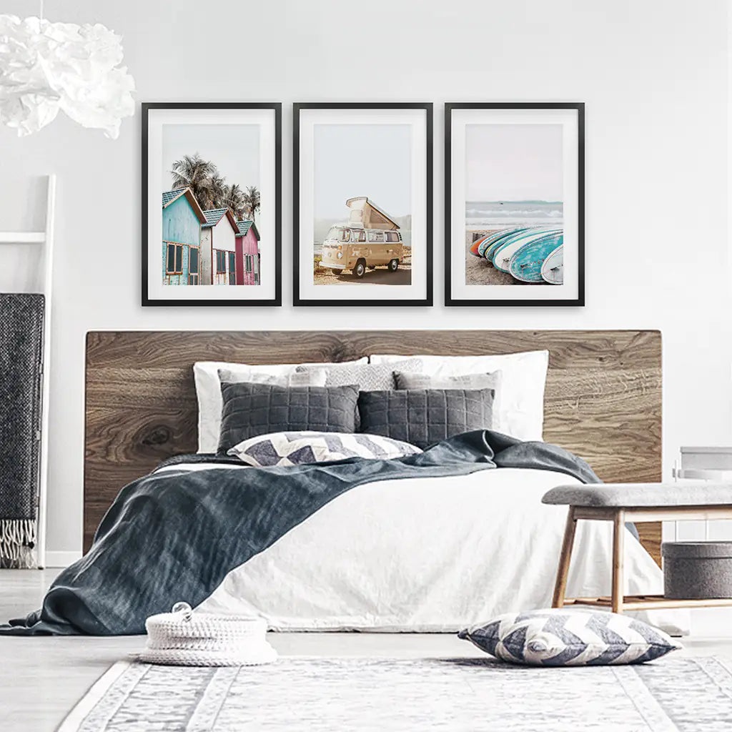 Summer Surfing Wall Art Set. Yellow Bus, Surfboards, Beach Cabins