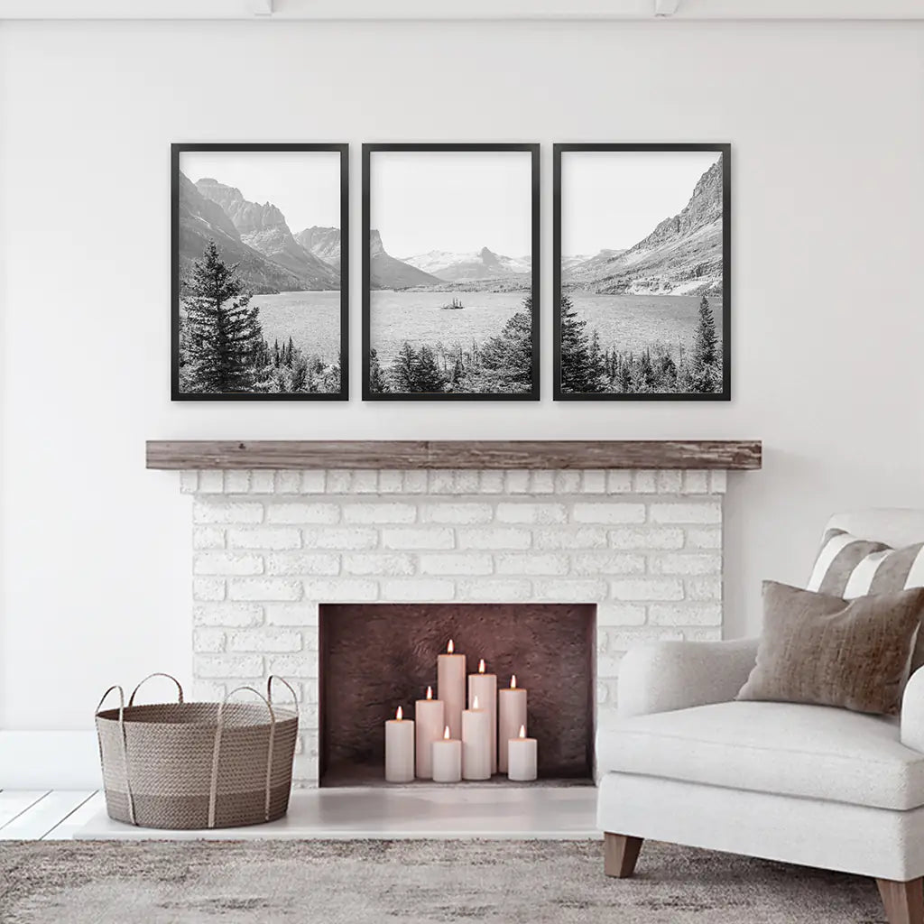 Glacier National Park. US Black White Mountain Lake Prints