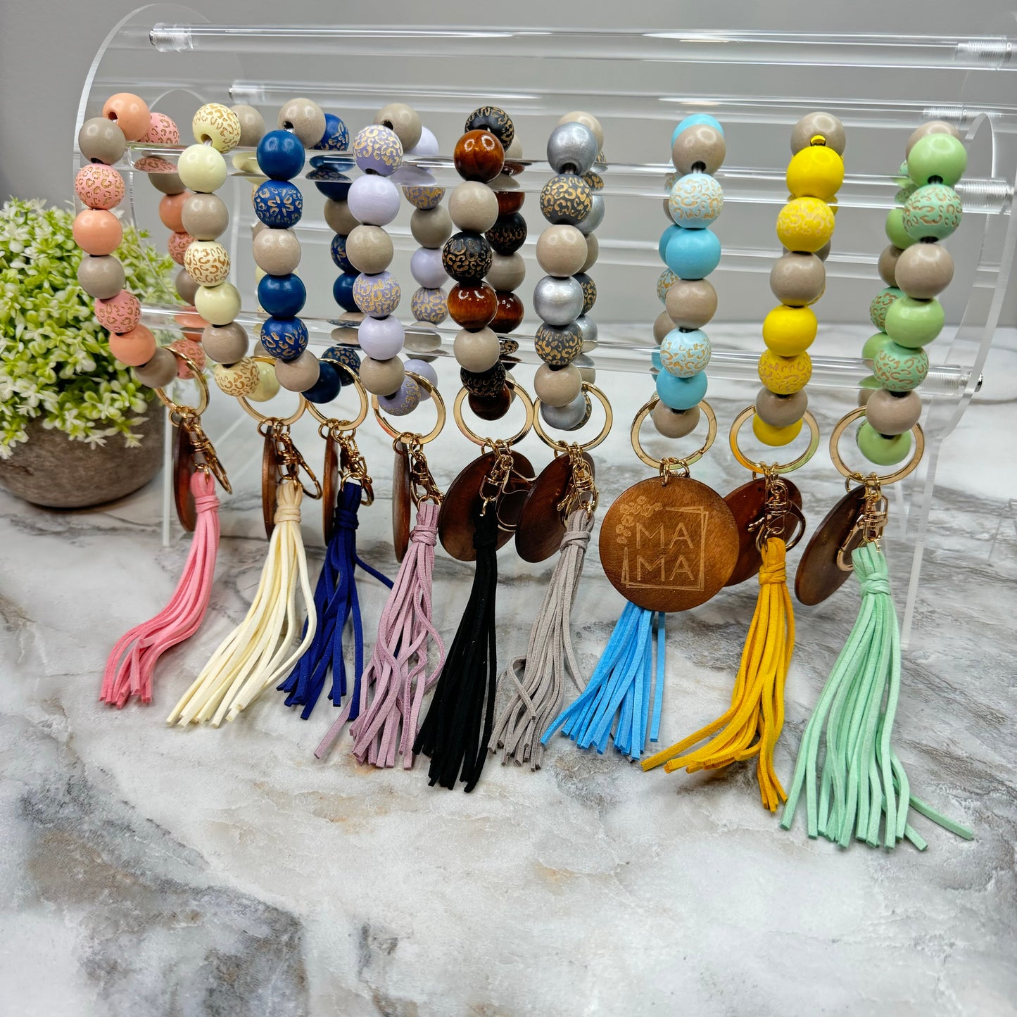 Wooden Bead Bracelet Keychain - Mama - Mint