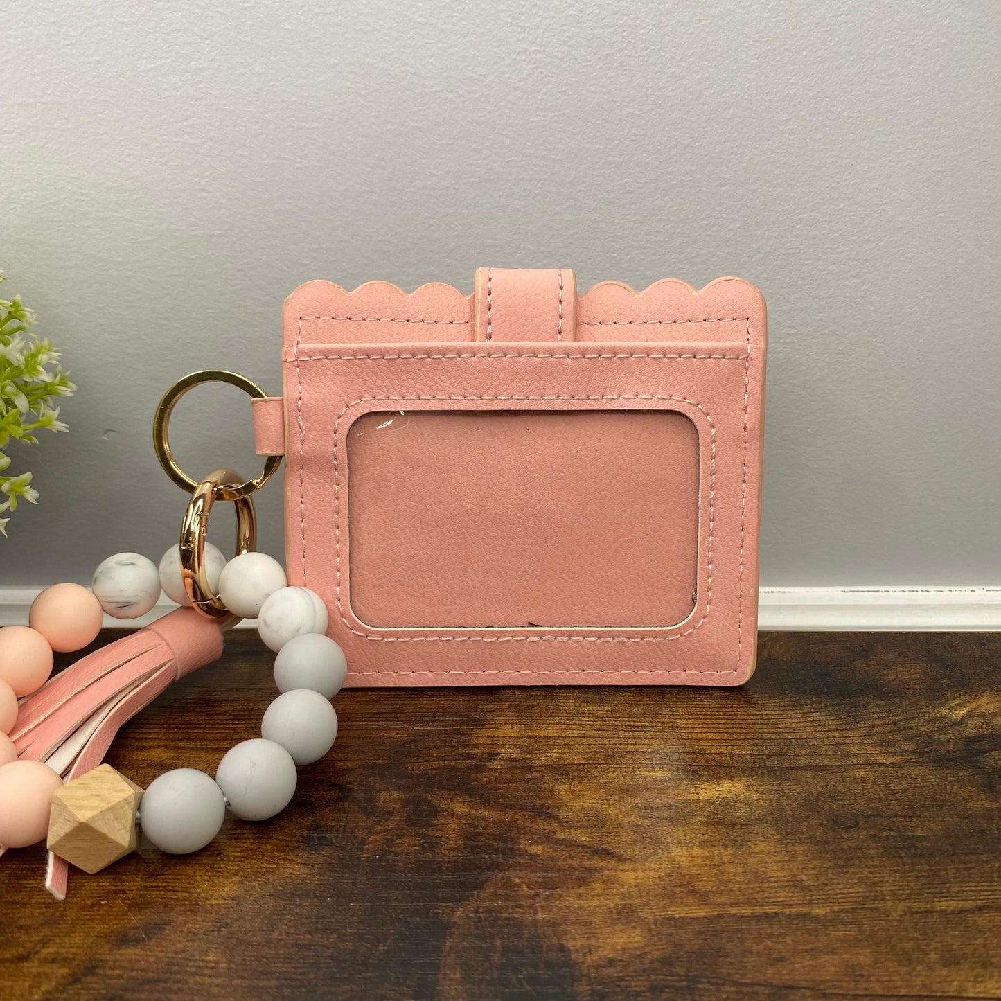 Silicone Bracelet Keychain with Scalloped Card Holder - Peachy Pink