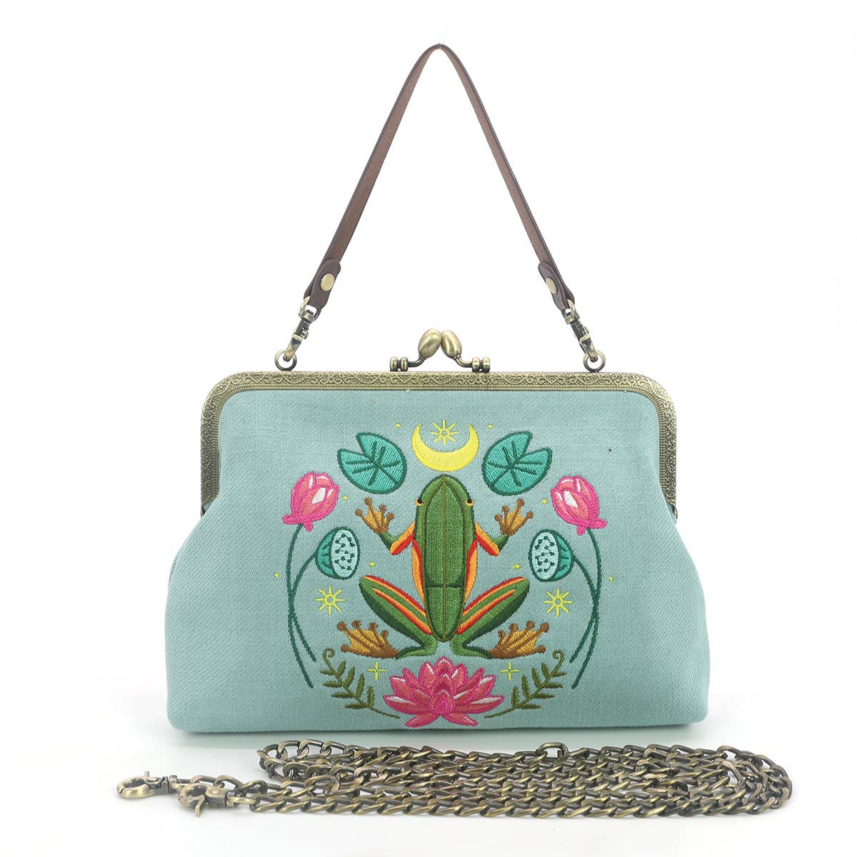 Frog in the Lily Pond Kiss Lock Bag in Linen Cotton Blend Ma