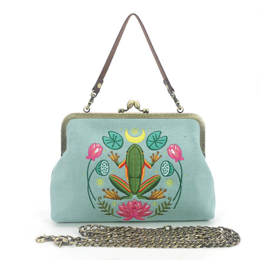Frog in the Lily Pond Kiss Lock Bag in Linen Cotton Blend Ma