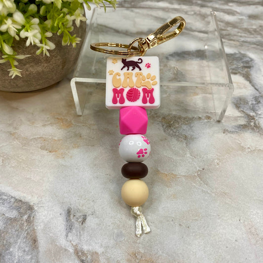 Keychain - Silicone & Wood Bead - Pink Cream Cat Mom