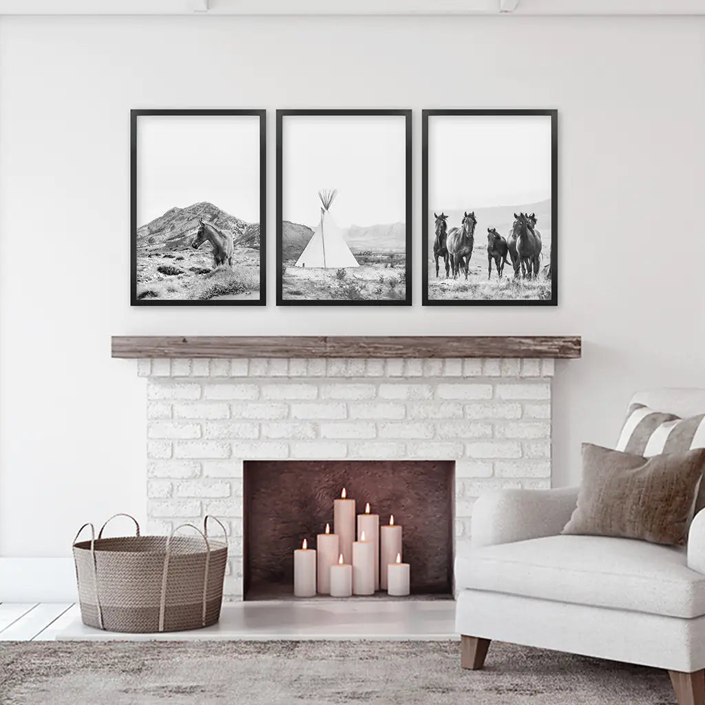 Black White Western Wall Art Set. Desert, Horses, Tepee