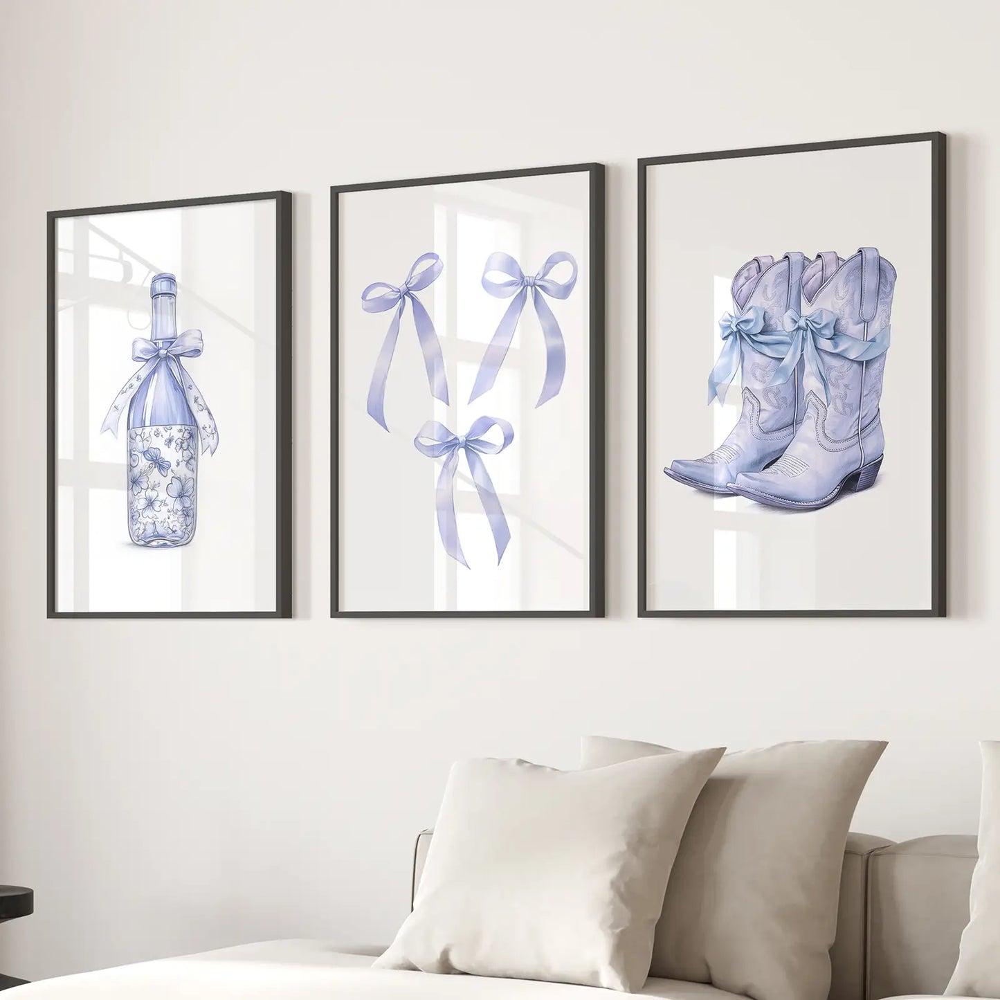 Trendy Blue Bows Girly Wall Art Set of 3 Print