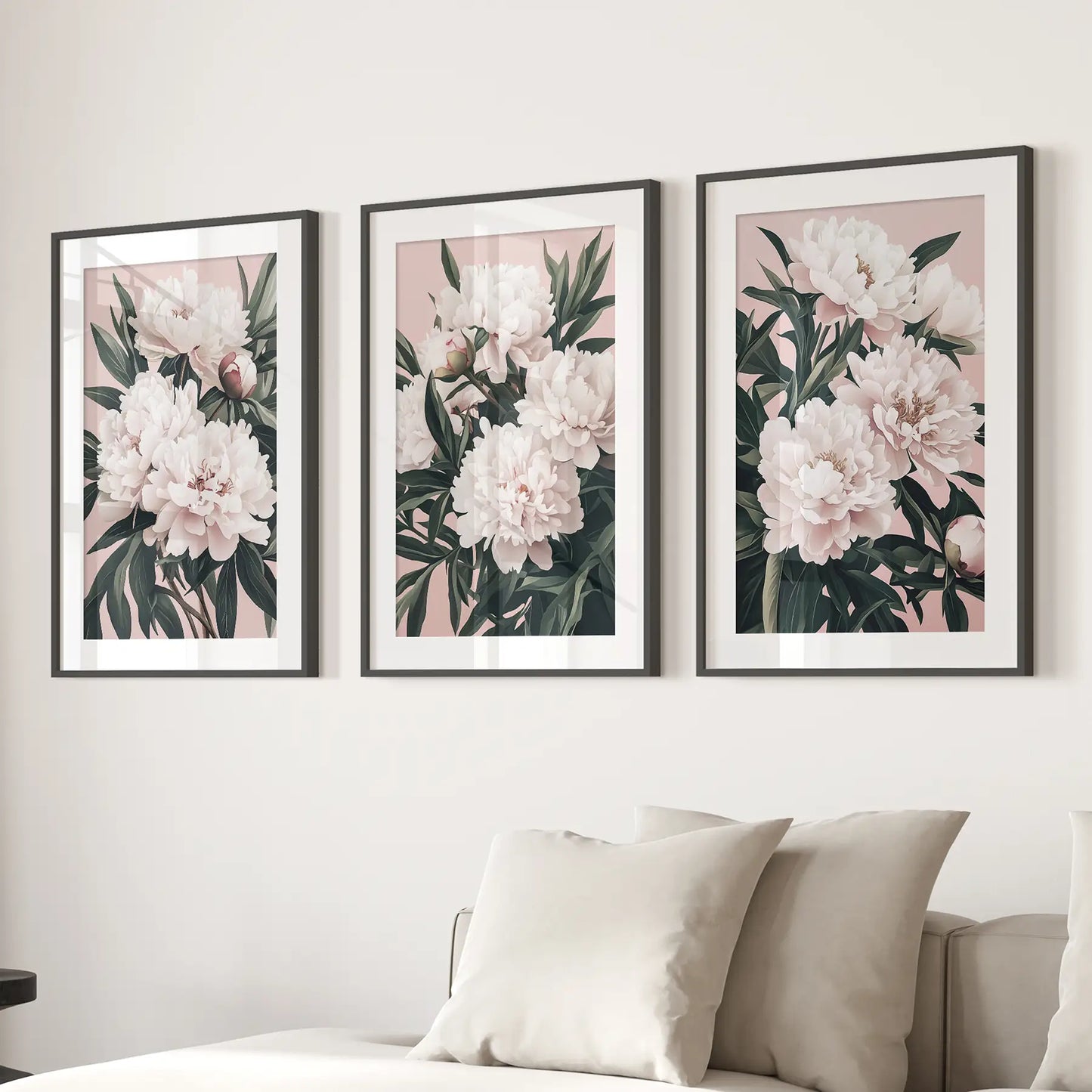 Peonies Flowers Wall Art Set of 3. Pink and Green Decor