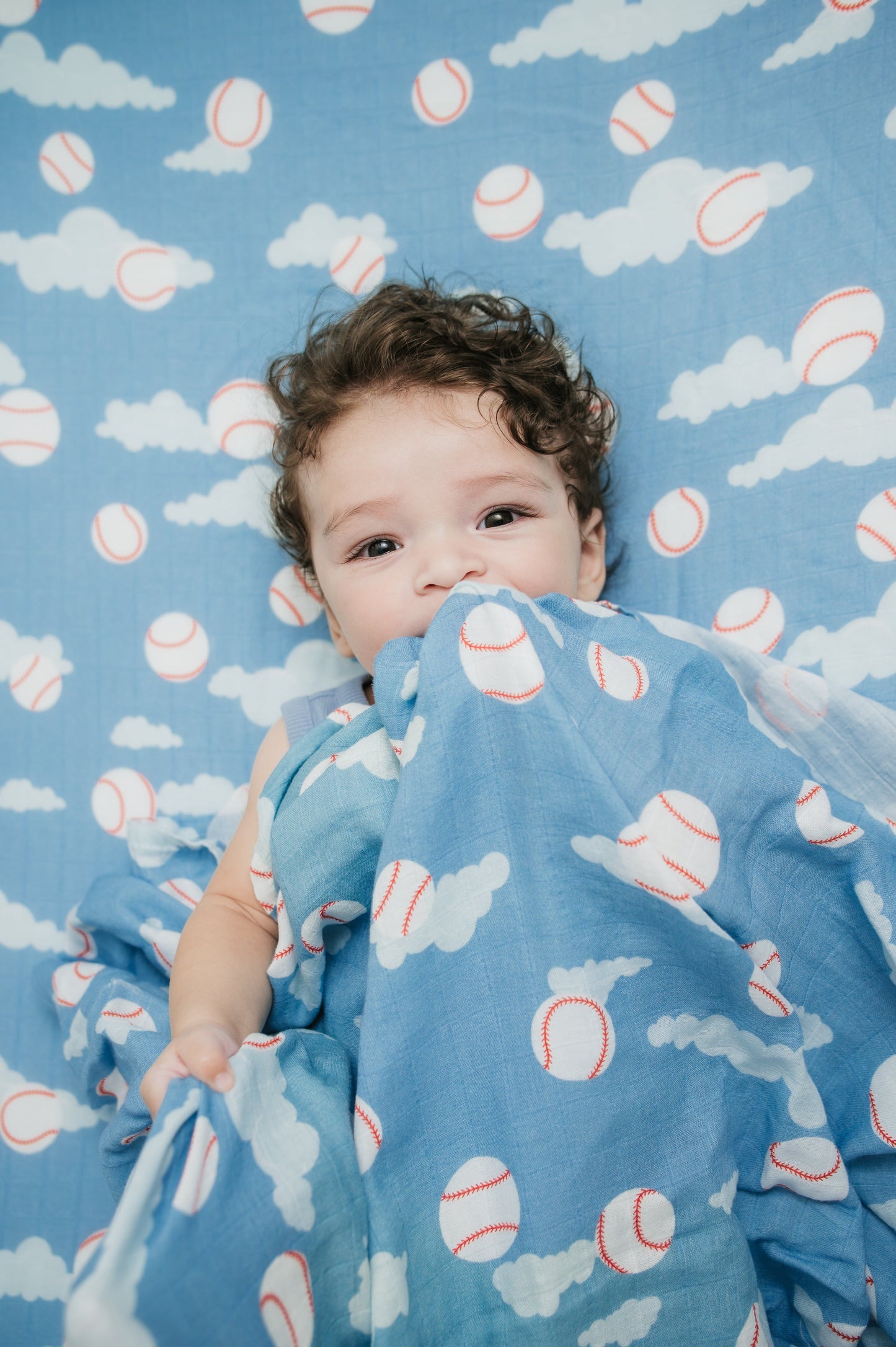 Organic Bamboo Cotton Muslin Crib Sheet in Baseballs in the Sky