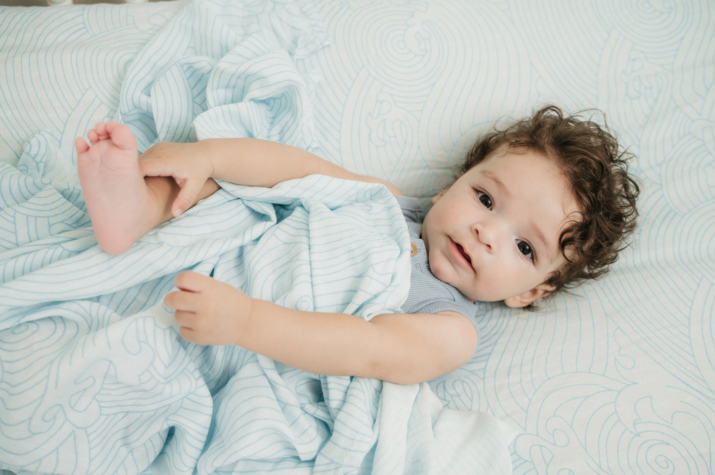 Organic Bamboo Cotton Muslin Swaddle Blanket in Crashing Sea Waves