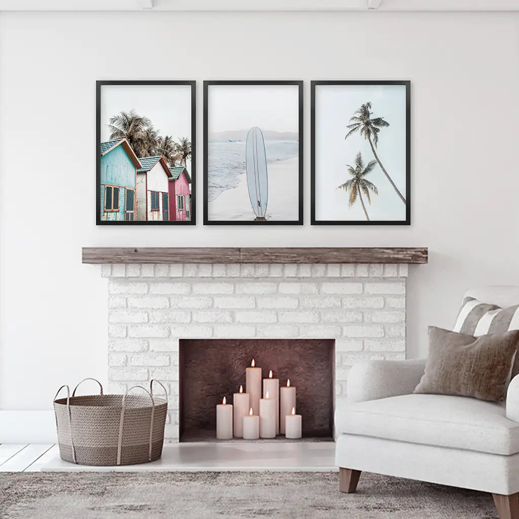 California Boho Wall Art. Surfboard, Palms, Beach, Cabins