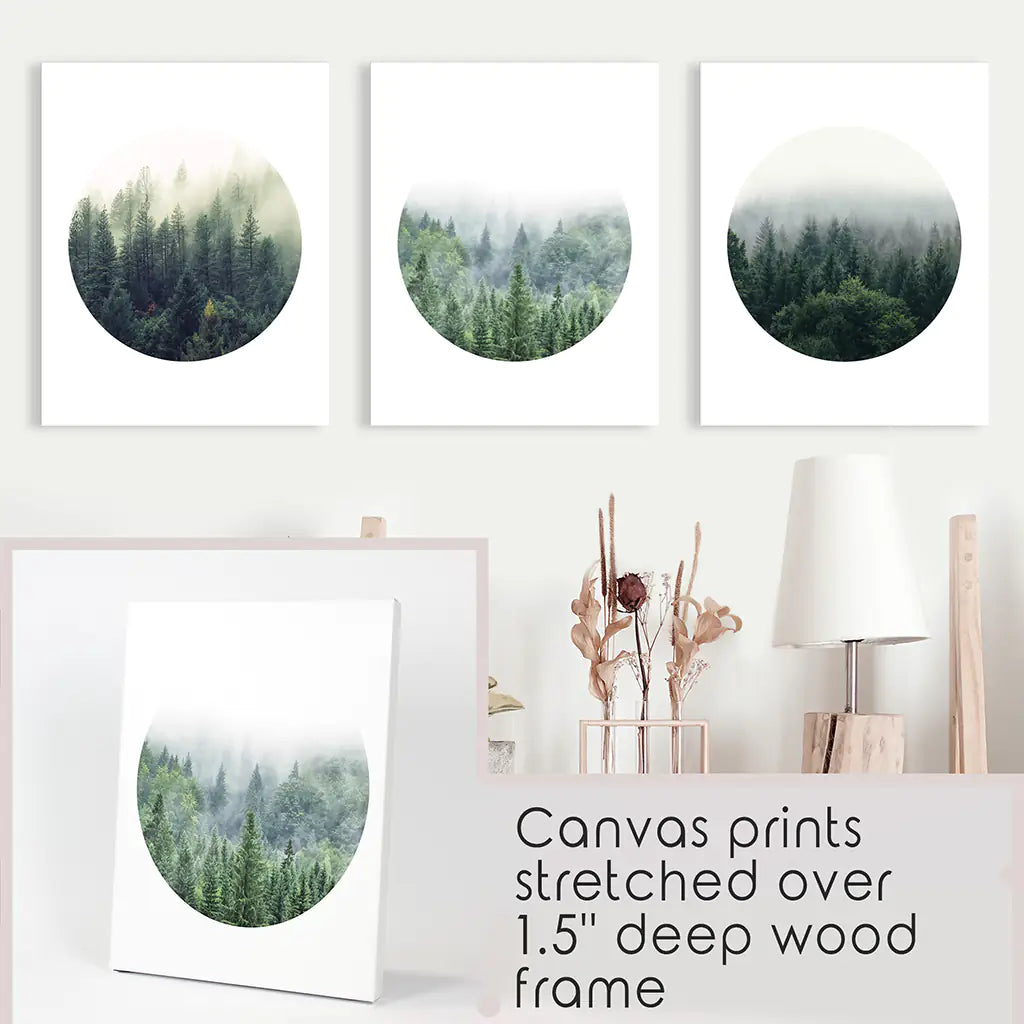 Nordic Forest Circle Wall Art. Set of 3 Scandinavian Prints
