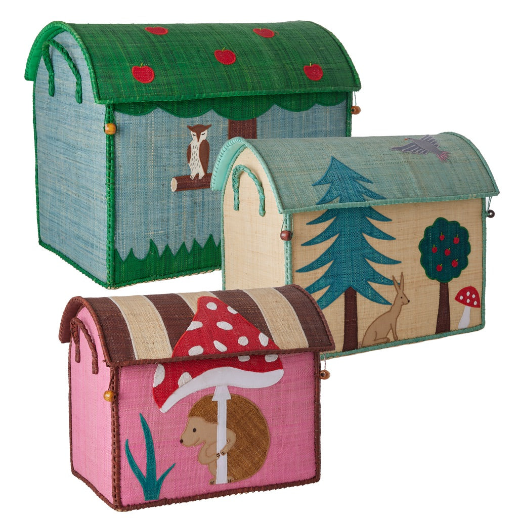 Raffia Toy Storage Baskets with Happy Forest Theme - Set of 3