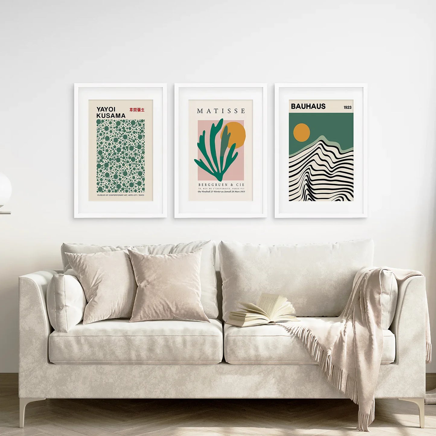 Sage Green Set of 3 Prints. Bauhaus, Kusama, Matisse Style