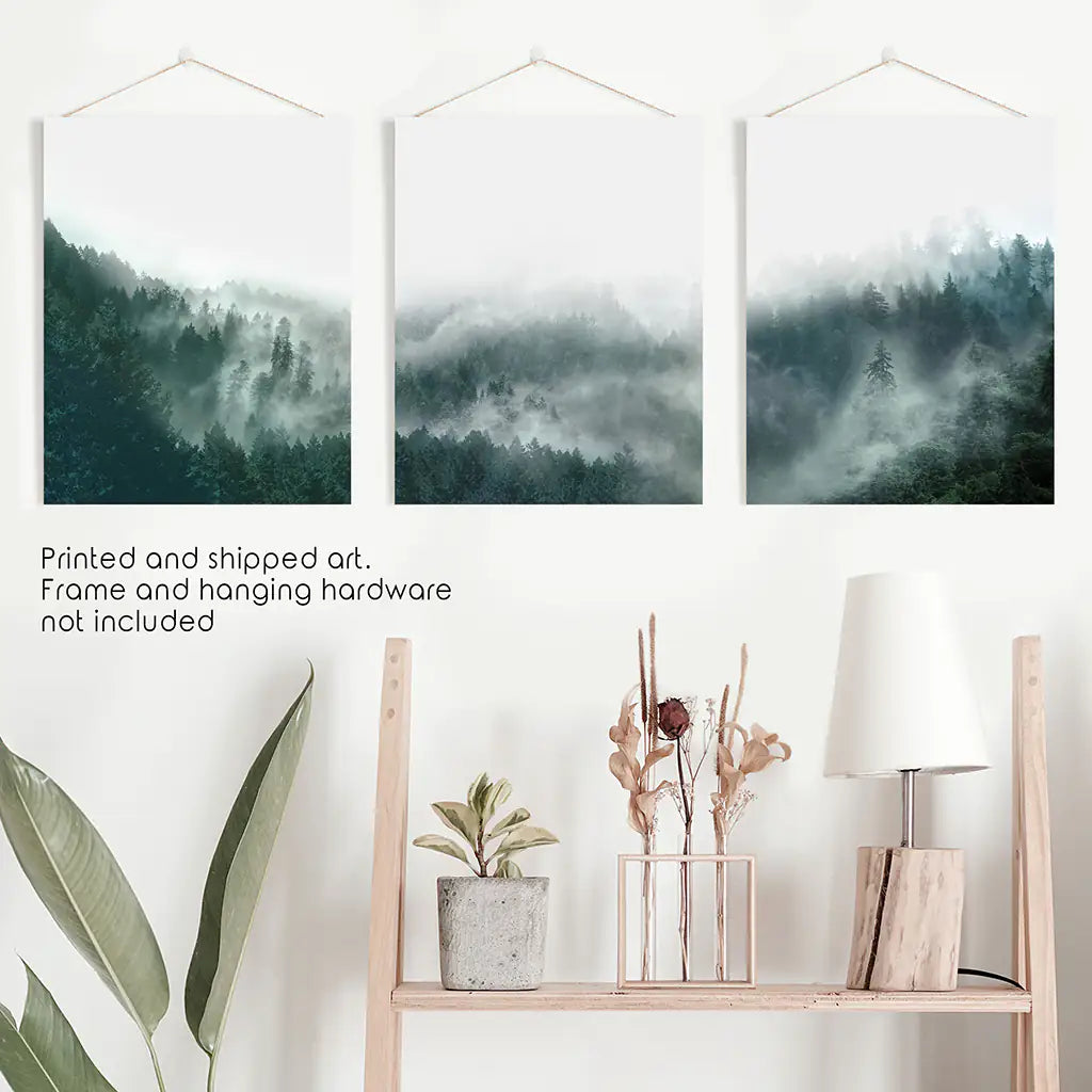 Large Foggy Forest Wall Art Set. Scandinavian Decor