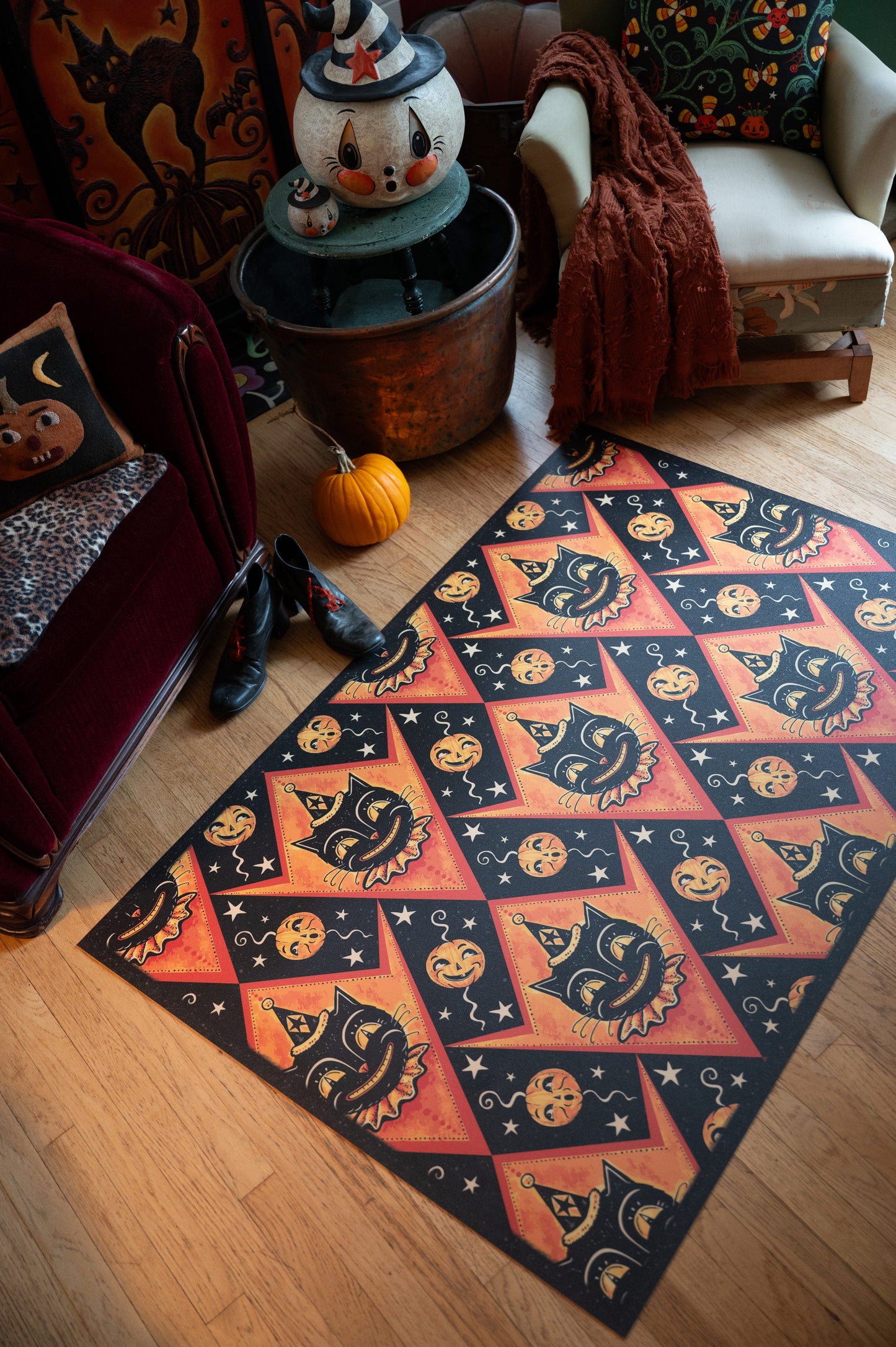 Grinning Black Cat Jack Harlequin Vinyl Floor Decor 52" x 76"