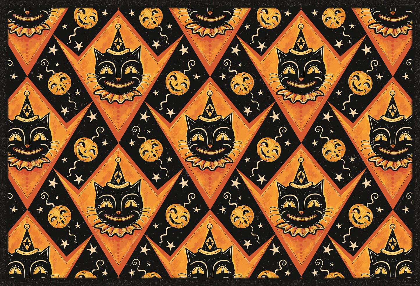 Grinning Black Cat Jack 56” Harlequin Vinyl Floor Decor