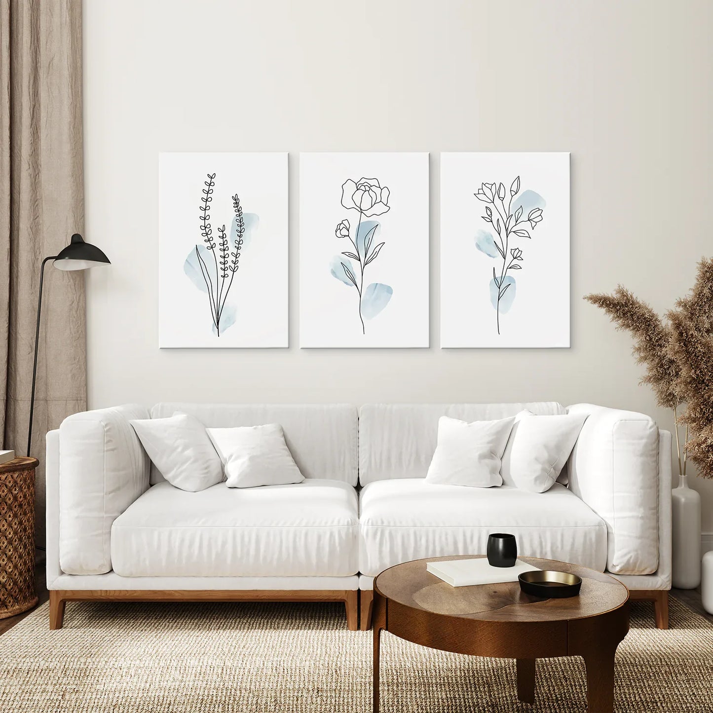 Botanical Line Art Set of 3 Pieces. Pastel Blue Flowers