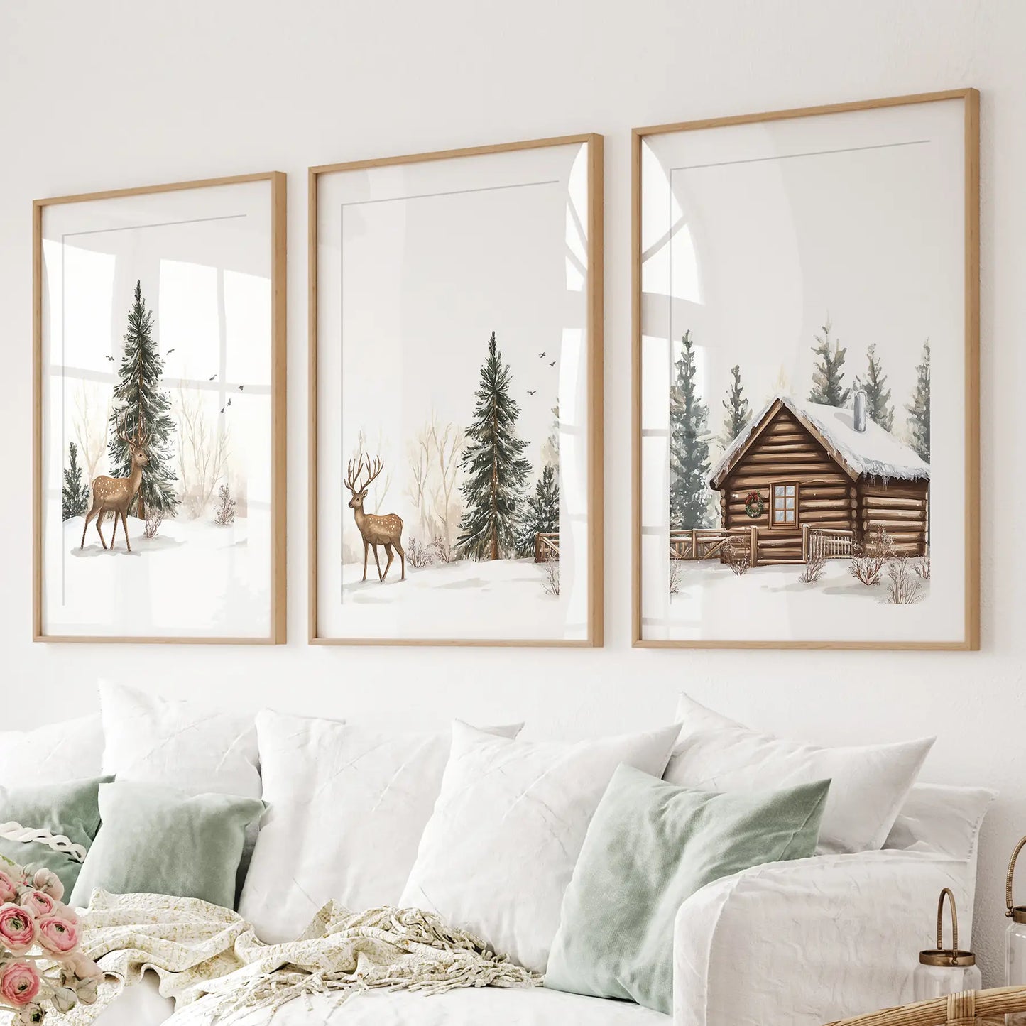 Deer and Cabin Winter 3 Piece Wall Art. Rustic Nordic Prints