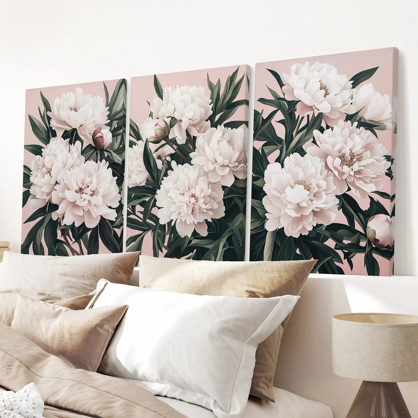 Peonies Flowers Wall Art Set of 3. Pink and Green Decor