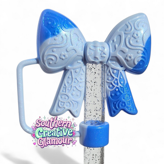 Paisley Princess Bow BOW Silicone Straw Topper | Blue Swirl Shimmer