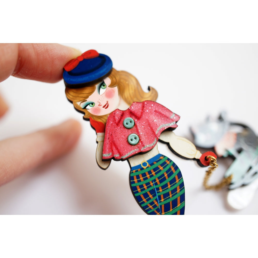 Girl with Cat on Sled Brooch by Laliblue