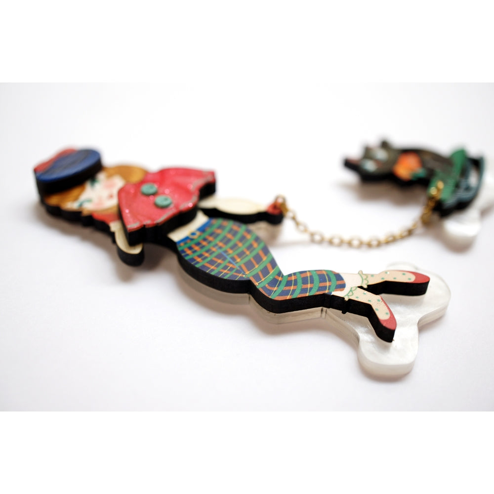 Girl with Cat on Sled Brooch by Laliblue