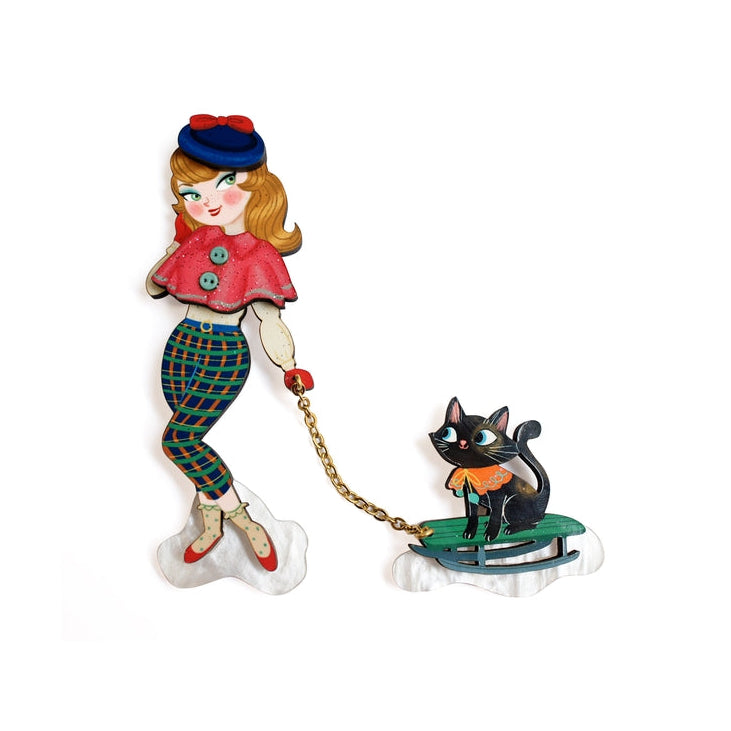 Girl with Cat on Sled Brooch by Laliblue