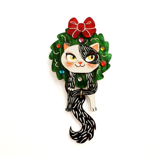 Cat in A Christmas Wreath Brooch by Laliblue
