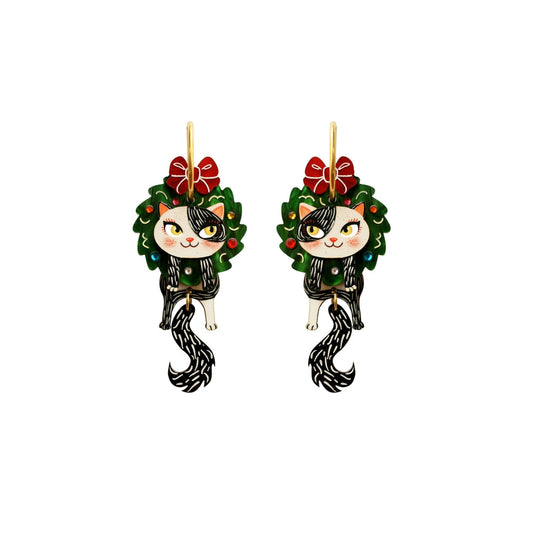 Cat in A Christmas Wreath Earrings by Laliblue