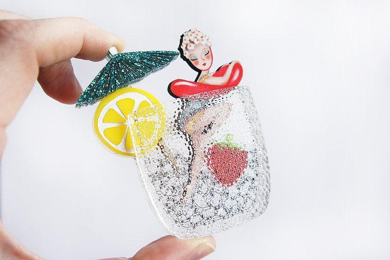 Cocktail Pin Up Girl Brooch by Laliblue