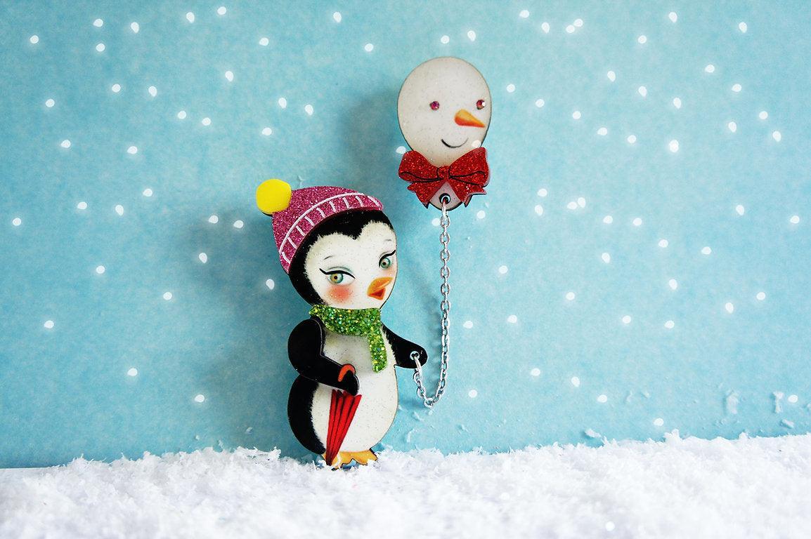 Festive Penguin with Balloon Brooch by Laliblue