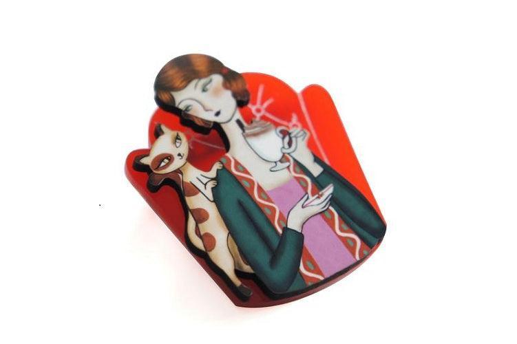 Girl and Cat with Eggnog Brooch by Laliblue