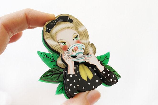 Girl Drinking Tea Brooch by Laliblue