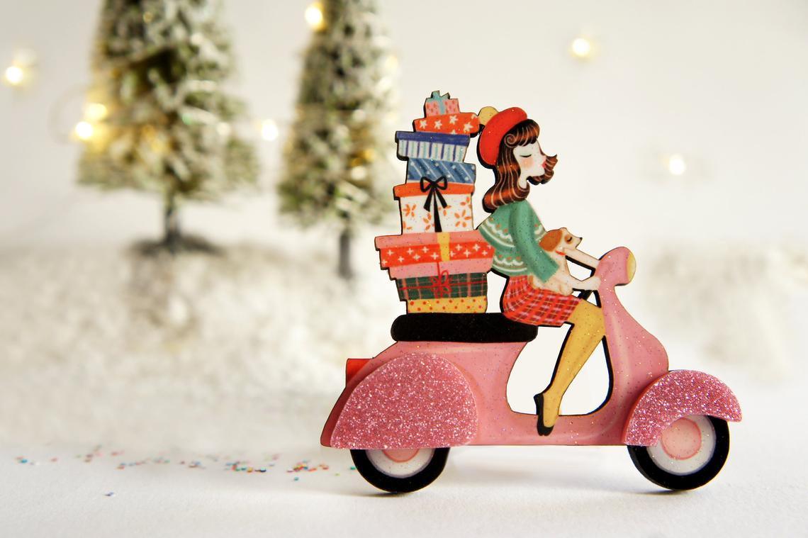 Girl on Scooter with Gifts Brooch by Laliblue
