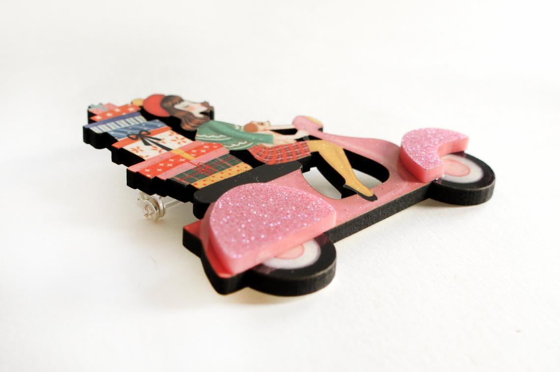 Girl on Scooter with Gifts Brooch by Laliblue
