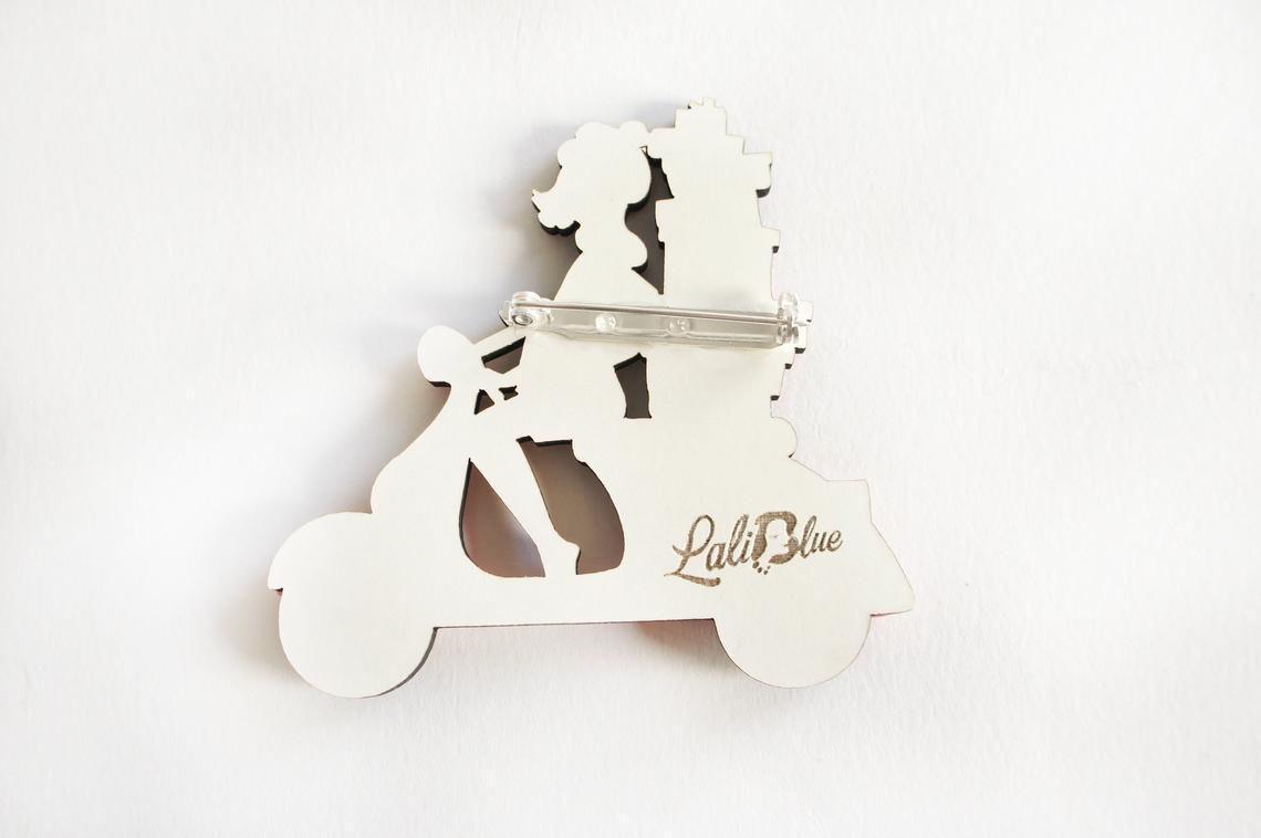 Girl on Scooter with Gifts Brooch by Laliblue