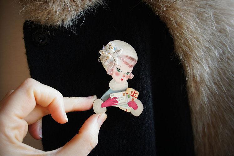 Girl with Christmas Postcards Brooch by Laliblue