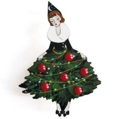 Girl with Christmas Tree Dress Brooch by Laliblue