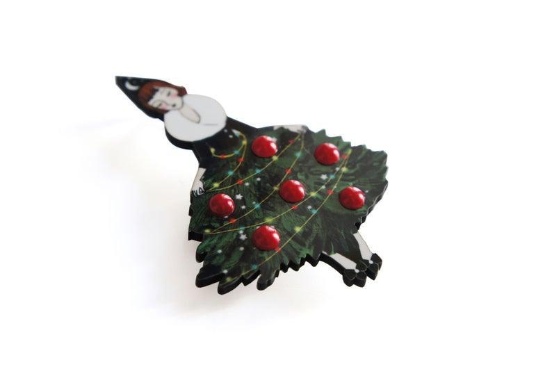 Girl with Christmas Tree Dress Brooch by Laliblue